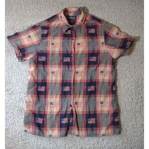 Shaver Lake Button Up Shirt Womens Size 1 American Flag Plaid Short Sleeve Vtg